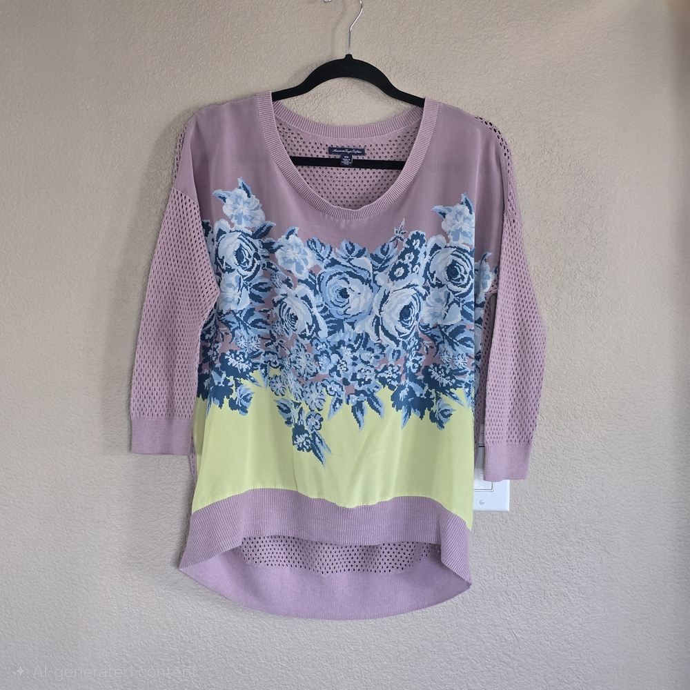 🌸 American Eagle Outfitters Floral Silk & Mesh Knit‎ Sweater Top – Women’s M